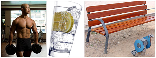 Body Builder, Water, and Workout Machine
